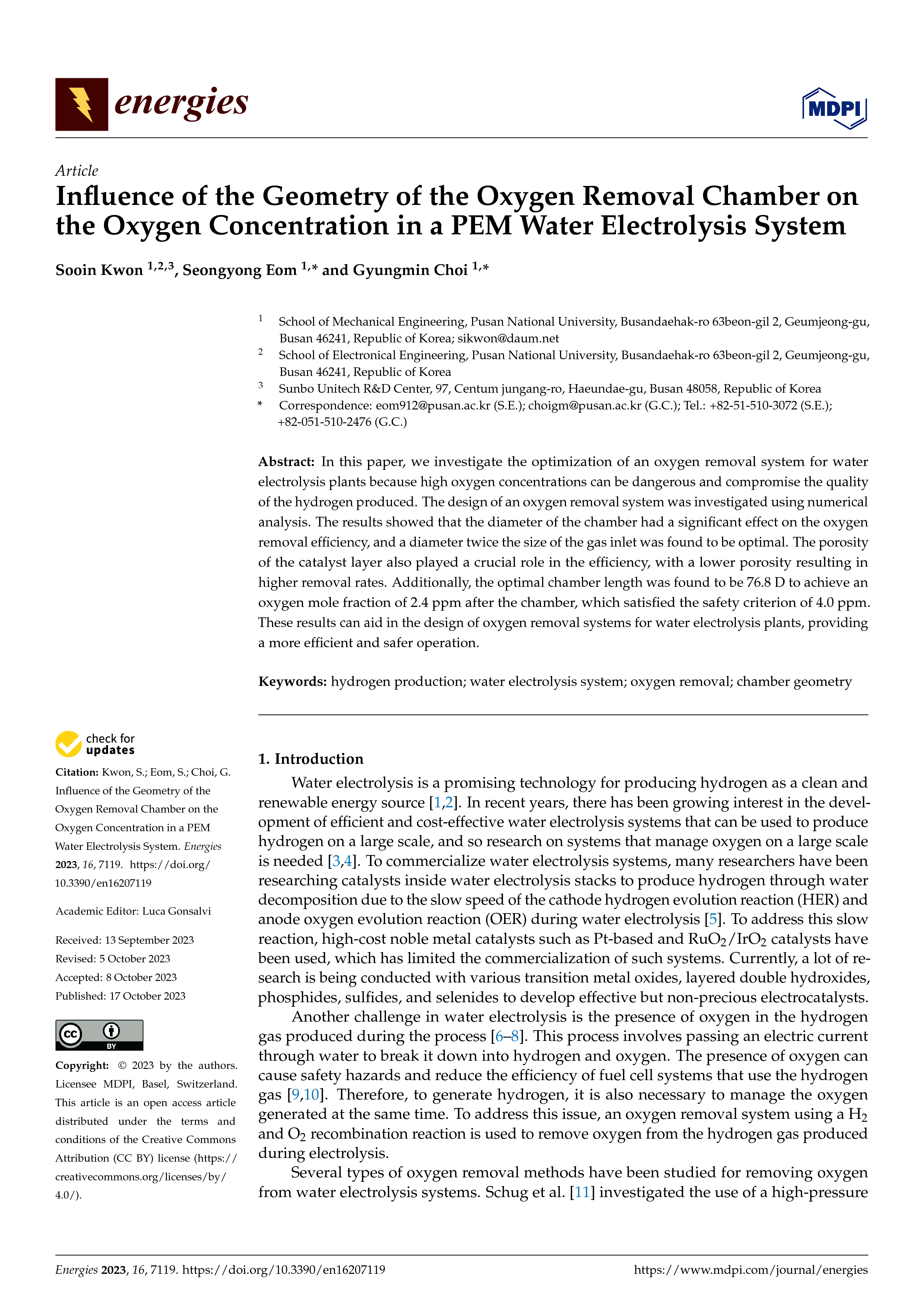 논문:Influence of the Geometry of the Oxygen Removal Chamber on the Oxygen Concentration in a PEM Water Electrolysis System